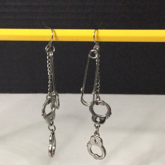 Silver Safety Pin and Hand Cuff Drop Earrings - Picture 1 of 2